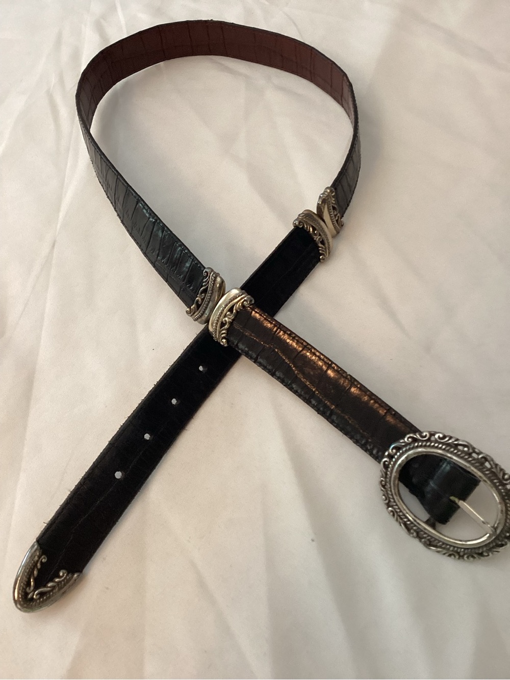 Brighton Reversible Brown/Black Croc-Embossed Leather Belt with Silver Buckle XL